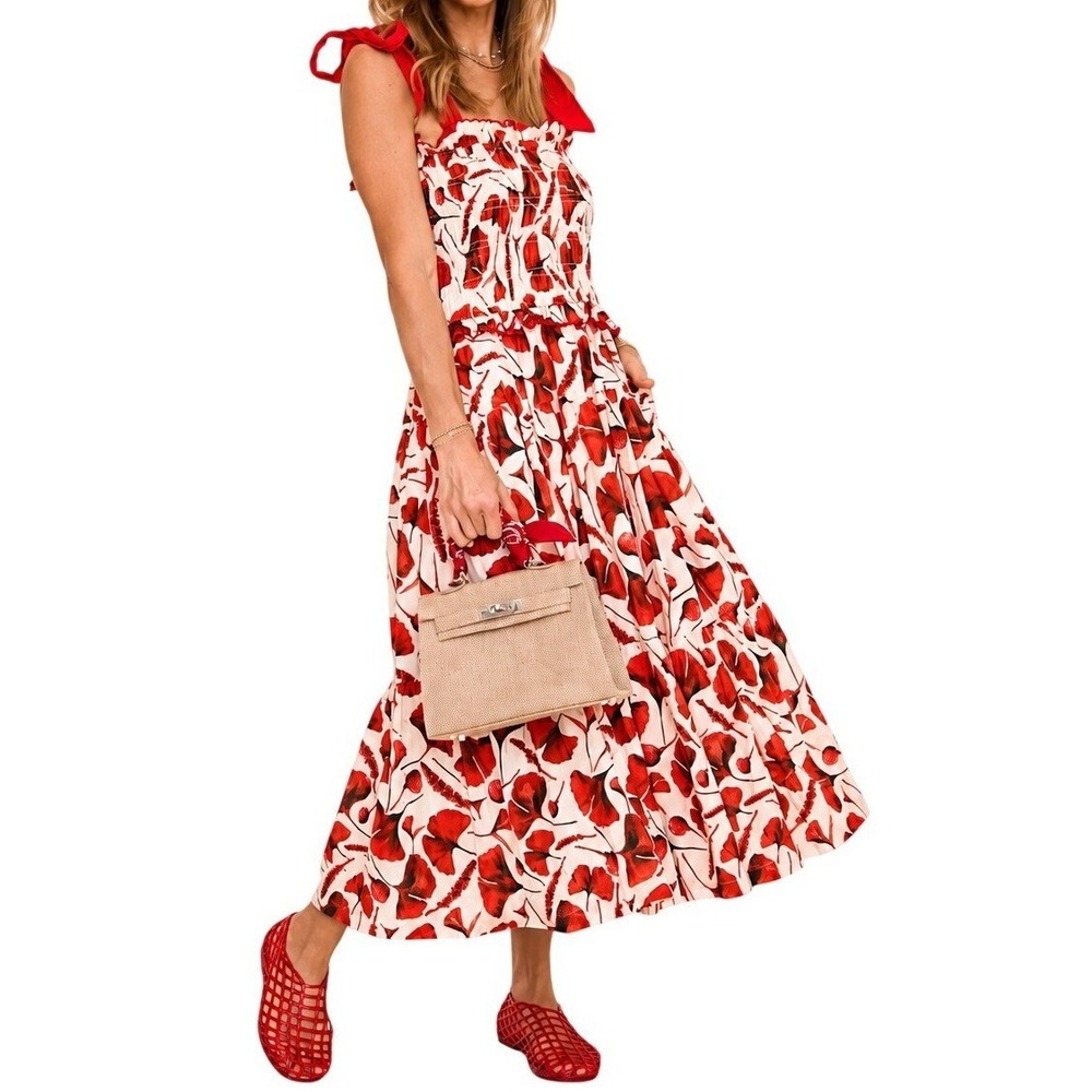En Saison Josie Maxi Dress Smocked Red Cream Tie Strap Tiered Size Small